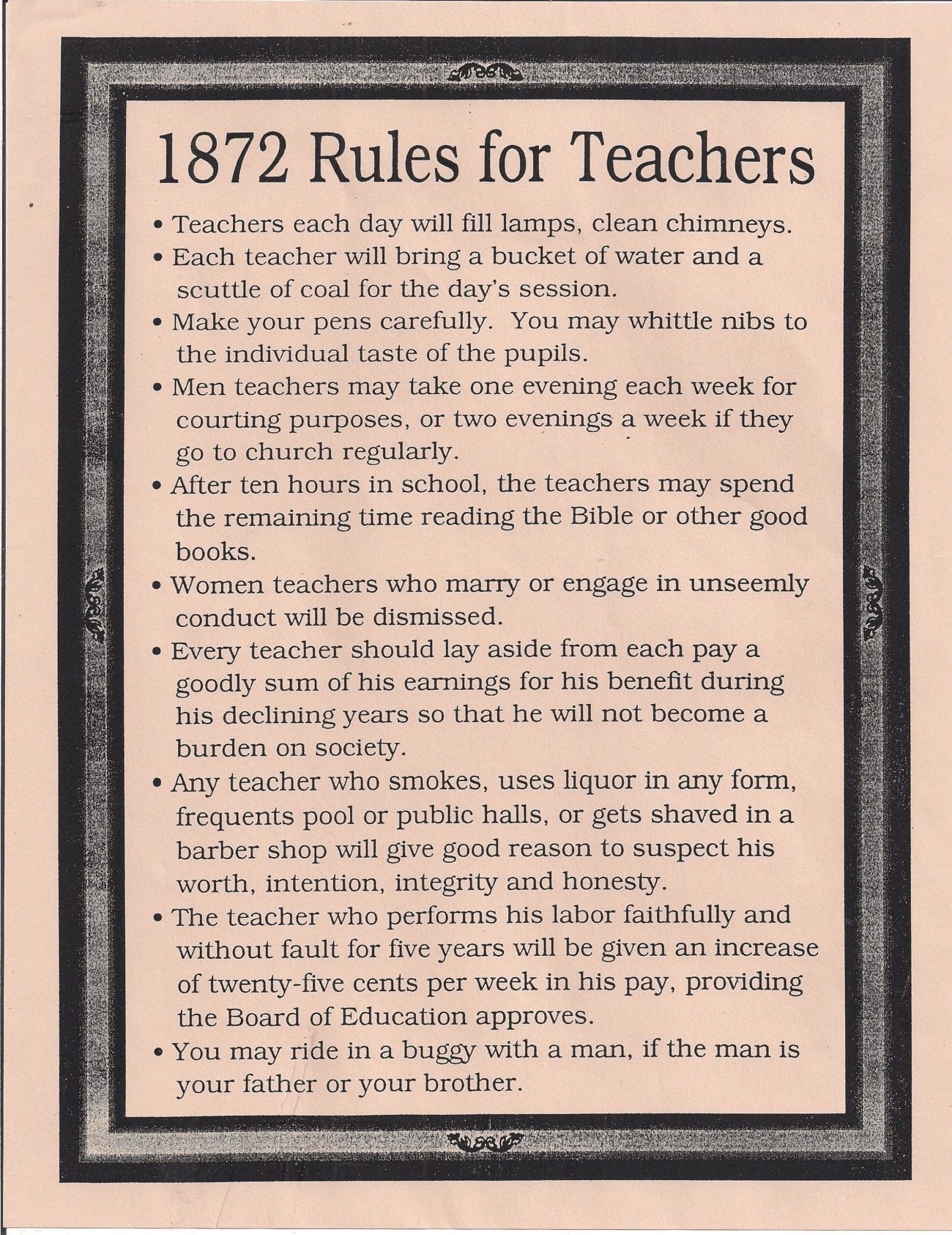 List of teacher rules from 1872. Found on internet in multiple places. Author unknown.