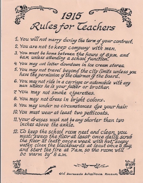 Historical teacher rules from 1915 produced by the Old Sacramento Schoolhouse museum