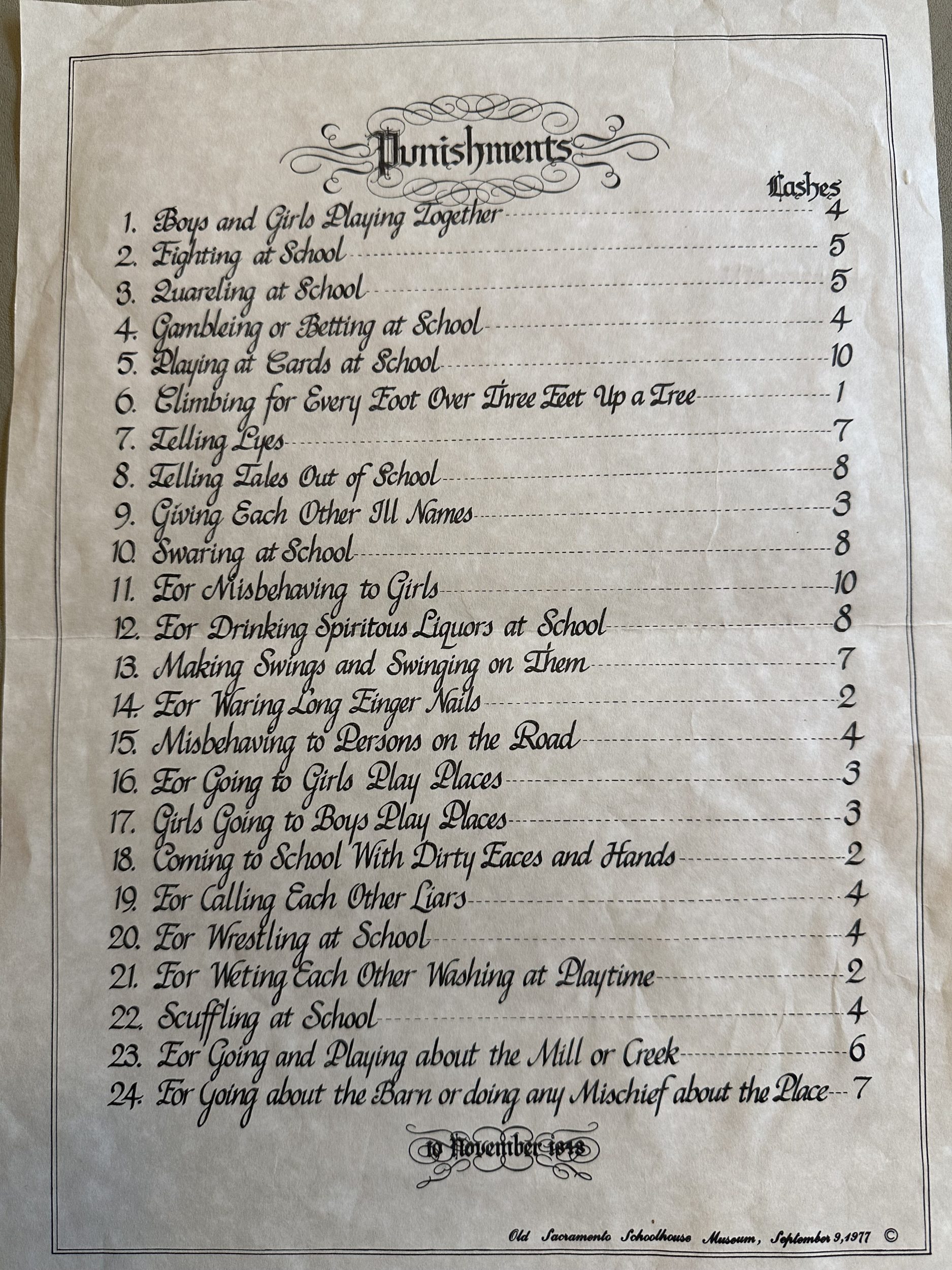List of punishment rules for teachers from the 1848. This sheet was purchased by Denise M. Colby on a trip to the Old Sacramento Museum