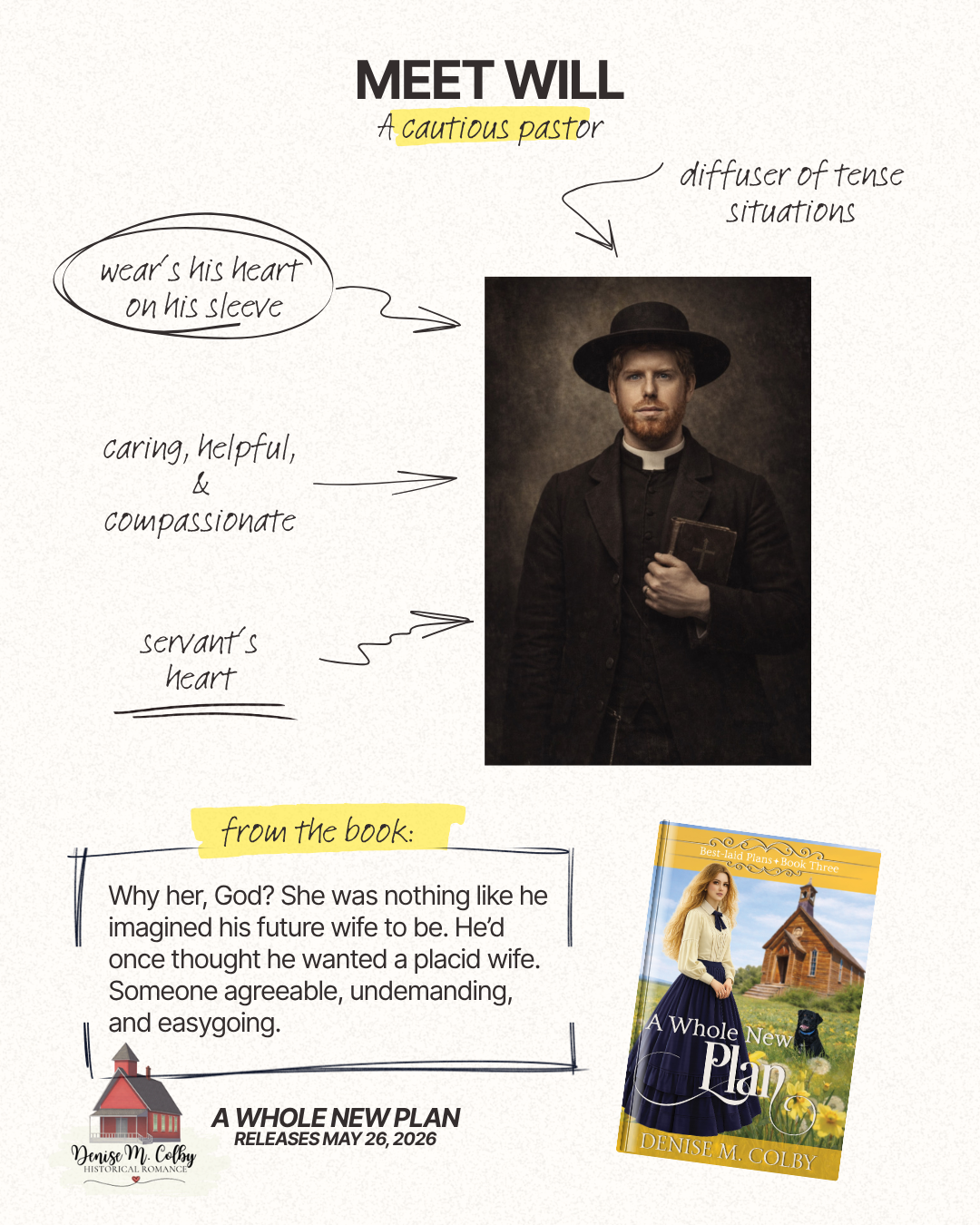 Meet Will from A Whole New Plan by Denise M. Colby, a cautious pastor who lives in Washton, CA